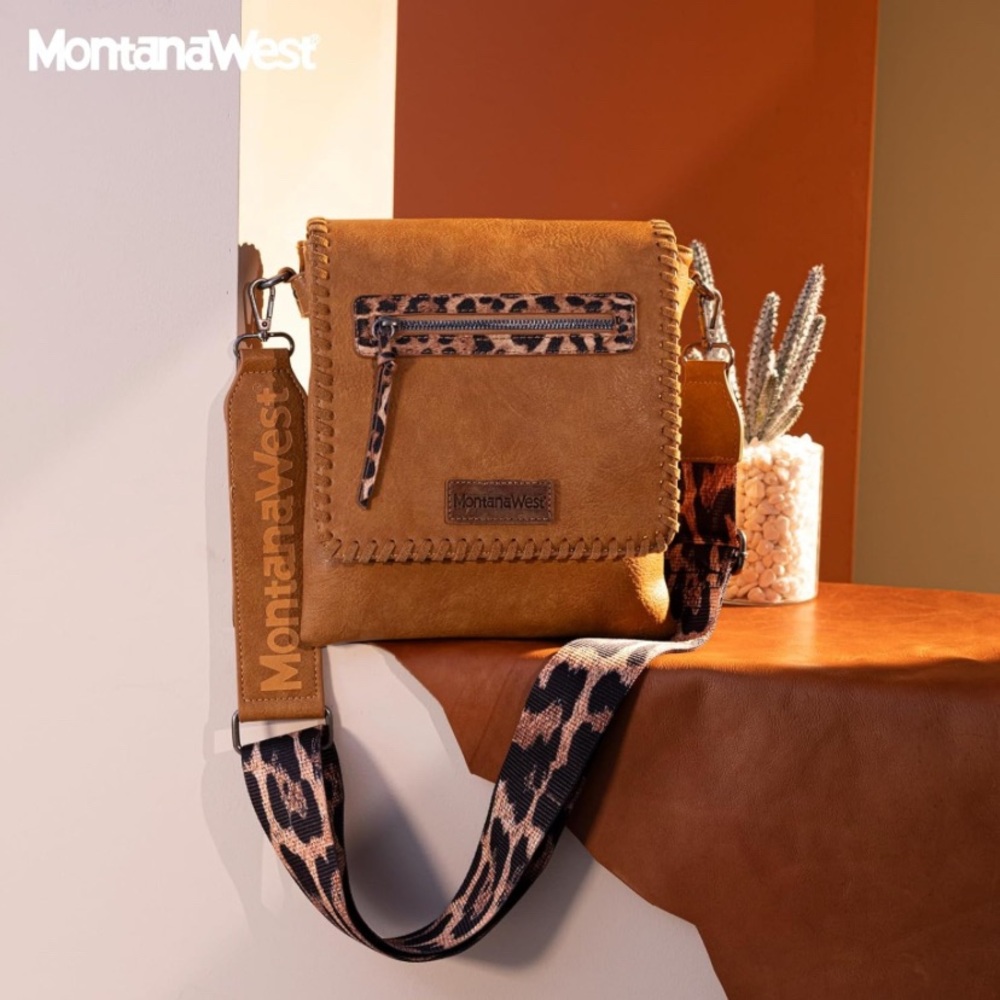 Montana West Tan Crossbody Bag with Dual Straps and Leopard Accent